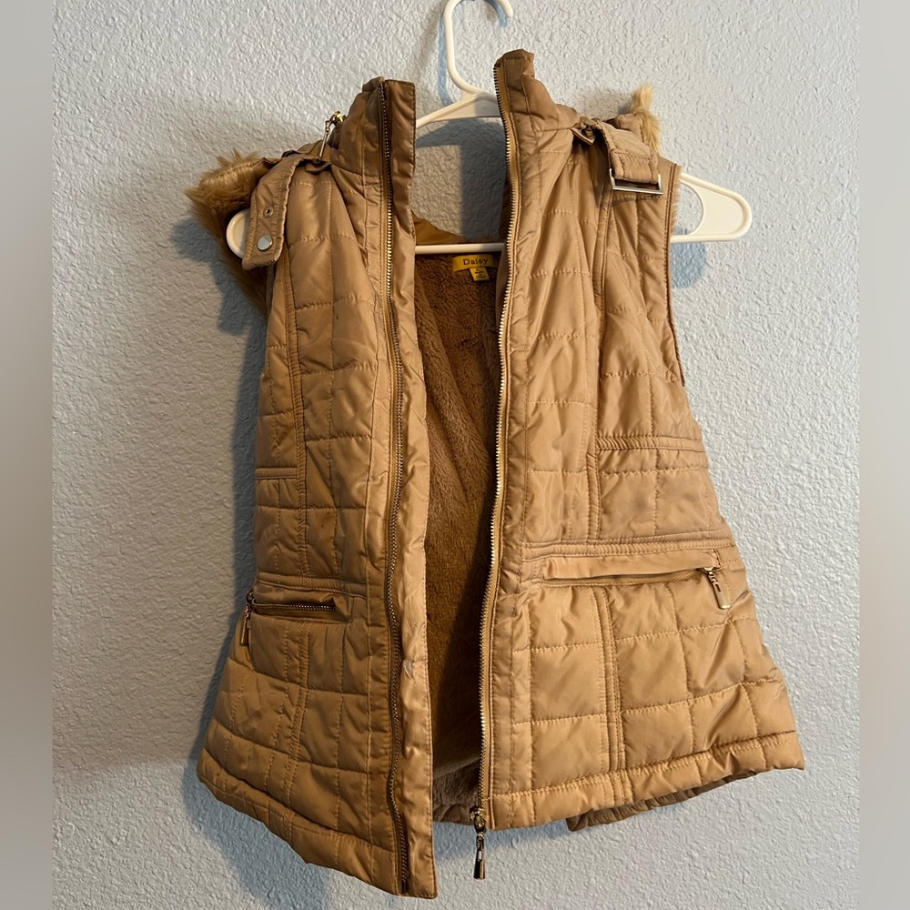 Old Navy Tan Quilted Vest with Faux Fur Hood